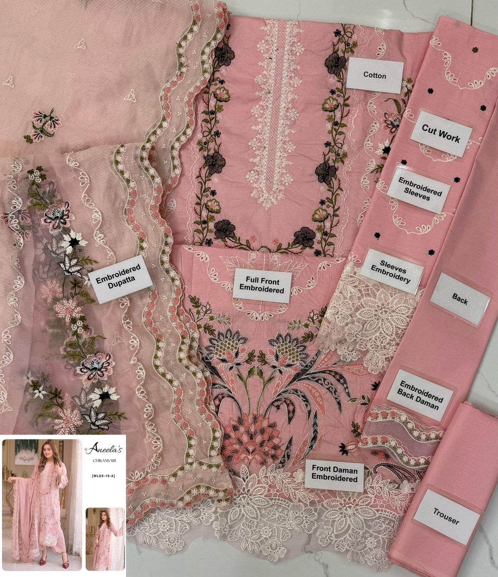 ANEELA’s WLUX-10A Chikankari Luxury  Embroidered Unstitched 3 Piece